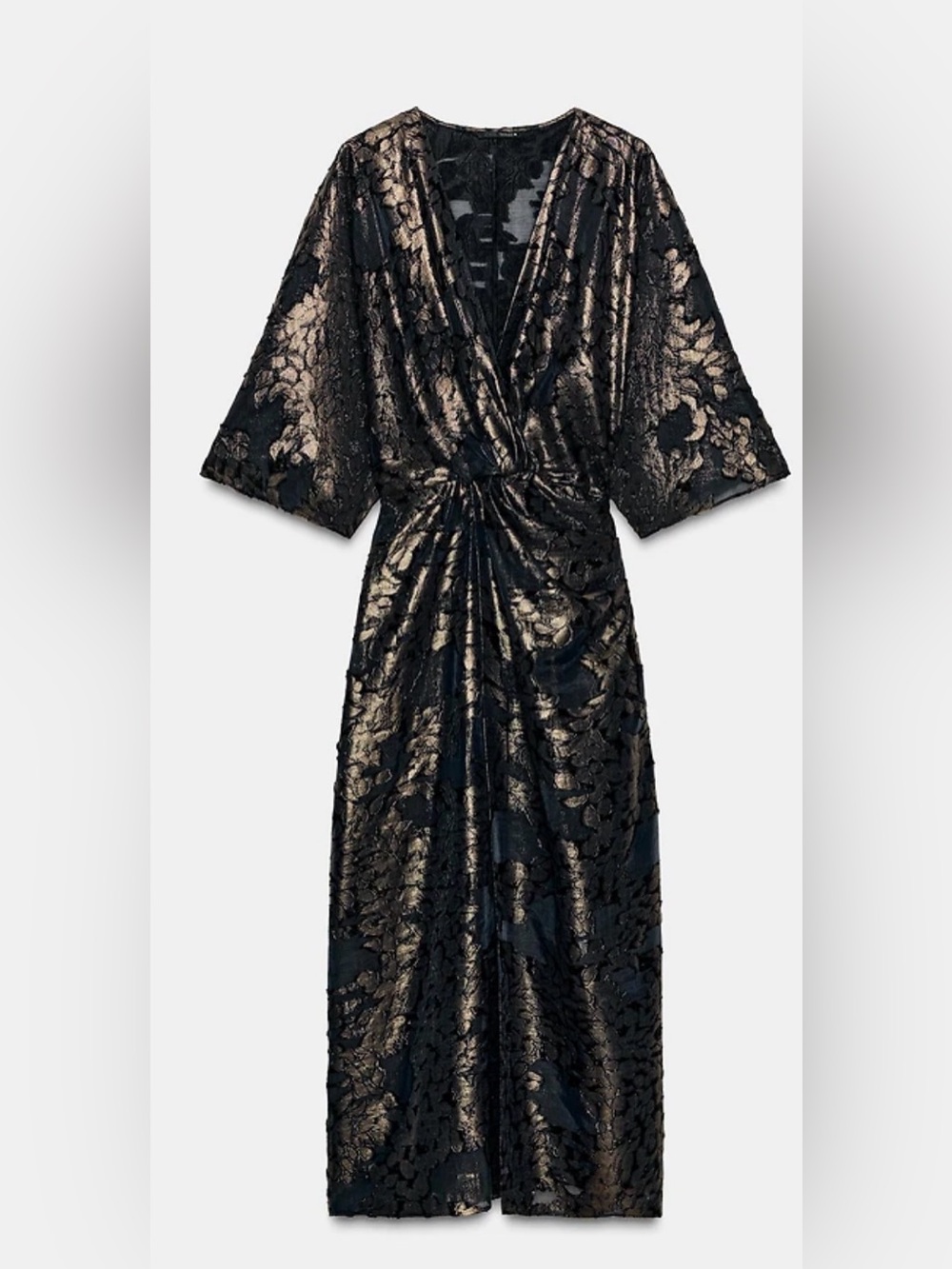 Zara Black Gold Foil Floral Draped Midi Dress Small BNWOT Elegant Evening